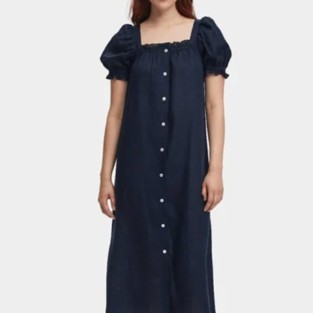 Sleeper Navy Puff Sleeve Button-Front Midi Dress